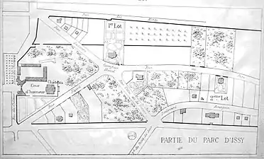 Plan de l'ancien jardin du château d'Issy, une fois le lotissement intervenu. Vers 1868.
