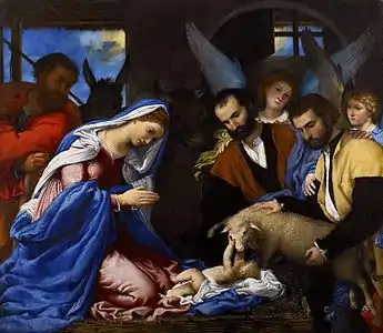 L'agneau du sacrifice dans L'Adoration des bergers par Lorenzo Lotto.