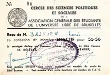 Carte de membre de Louis Bastien, année 1955-1956