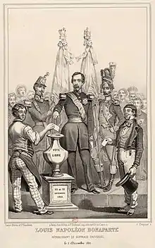 Louis-Napoléon Bonaparte rétablissant le suffrage universel, le 2 décembre 1851, estampe de propagande.