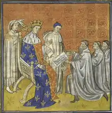 Louis X le Hutin remettant un diplôme à des Juifs portant la rouelle (XIVe siècle).