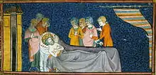 Miniature représentant Louis IX, alité et mourant, entouré de personnages diversement affligés.