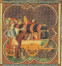 Enluminure montrant Louis et sa mère dans un chariot, suivi des grand du royaume à cheval.