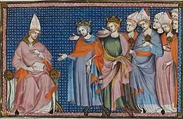 Miniature représentant le pape écoutant les demandes de deux rois et plusieurs évêques.