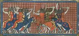 Miniature du XIVe siècle représentant deux troupes de chevaliers en armure s'affrontant, dont l'un est équipé et harnaché aux armes de France et l'autre aux armes de Normandie.