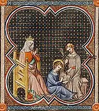 Enluminure montrant le jeune Louis IX assis avec un livre à la main, devant un prêtre qui pointe l'ouvrage du doigt. Blanche de Castille, assise sur une chaise, les observe.