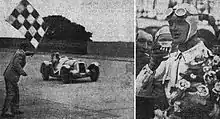 Deux photos juxtaposées, l'une d'une voiture franchissant la ligne d'arrivée, l'autre, du vainqueur, Chiron avec ses récompenses.