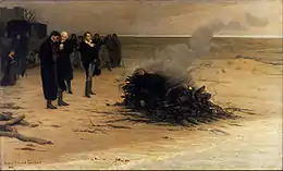 Peinture représentant une plage. Au premier plan, on peut voir un cadavre brûlant sur un bûcher, autour duquel se tiennent quelques individus