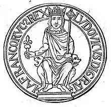Dessin d'un souverain assis tenant un sceptre et entouré d'un cercle avec des inscriptions en latin