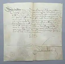 Manuscrit détaillant les noms des propriétaires des biens confisqués et leurs méfaits. Il est signé Louis.