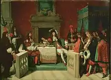 Molière et le roi attablé. Le roi parle aux courtisans, Molière regarde le roi.