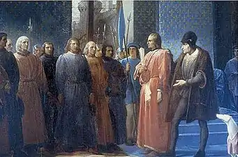 Peinture représentant Louis XI remettant une charte à une assemblée de gentilshommes.
