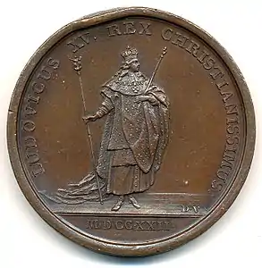 Revers de la médaille du Couronnement de Louis XV (1722), signé D.V. (avers par Michel Rög).