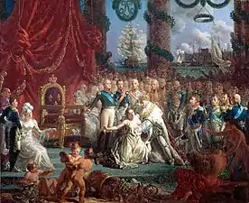 Allégorie du retour des Bourbon le 24 avril 1814 : Louis XVIII relevant la France de ses ruines, château de Versailles.