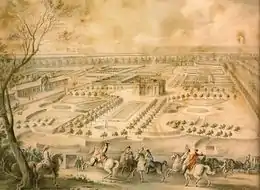 Louis XV en vue des jardins de Trianon, de la ménagerie domestique et des basses-cours, du Pavillon français et du portique de treillage