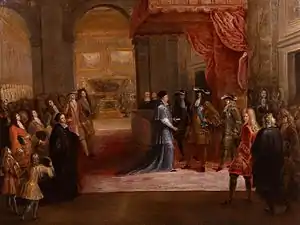 Pierre-Denis Martin, Louis XIV recevant les condoléances du nonce et des ambassadeurs sur la mort de Monseigneur, le lundi 27 avril 1711, dans la chambre du roi au château de Versailles.