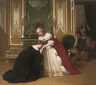 Madame de La Vallière, avant d'entrer au couvent, vient se jeter aux pieds de la reine pour obtenir son pardon, peinture d'histoire de Louise Adélaïde Desnos, 1838.