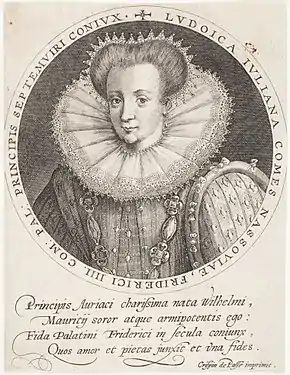 Crispin de Passe l'Ancien, Portrait de Louise Juliane, épouse de Friedrich IV du Palatinat et fille de Guillaume d'Orange, Herzog August Bibliothek Wolfenbüttel.