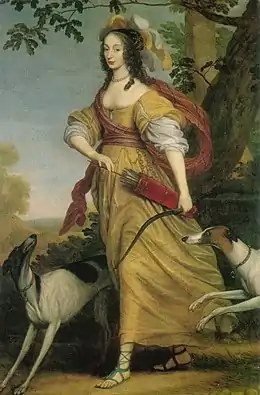 Portrait de la Margravine Louise-Henriette de Brandebourg par Willem van Honthorst (1643), Utrecht, Centraal Museum. À l'époque moderne, les princesses étaient volontiers représentées en Diane.