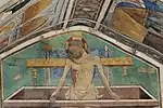 Chevet de la chapelle : Christ de Pitié debout dans le tombeau, avec les instruments de la Passion