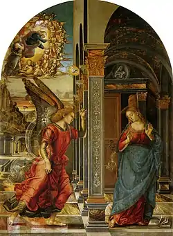 Peinture. L'ange désigne du doigt la colombe envoyée par Dieu à Marie, debout dans un cadre architectural à droite.