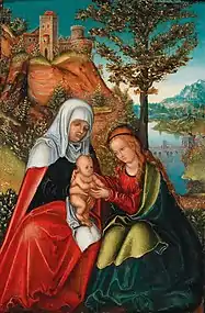 Peinture de deux femmes avec un enfant dans un décor champêtre.