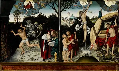 Loi et Grâce (1929), peinture de Lucas Cranach l'Ancien (Germanisches Nationalmuseum, Nuremberg).