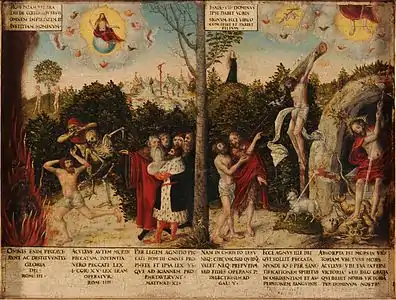 Loi et Grâce (c. 1550), peinture de Lucas Cranach l'Ancien et Lucas Cranach le Jeune (maison de Luther).