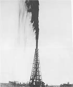 Le « geyser du capitaine Lucas » (1901) à Spindletop Hill, au sud de Beaumont (Texas).