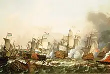 Tableau représentant une bataille navale.