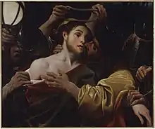 Tableau montrant le Christ résigné, violemment saisi de toutes parts par des soldats, et embrassé par Judas.