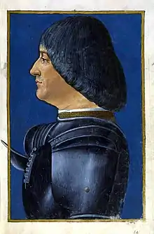Peinture. Portrait sur fond bleu d'un homme vu en buste et de profil, tête nue et vêtu d'une armure.