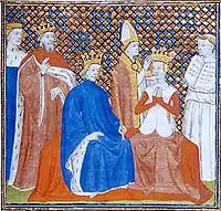 Miniature médiévale représentant un archevêque couronnant un couple royal sous le regard d'un autre roi.