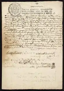 manuscrit revêtu d'un cachet et de signatures.