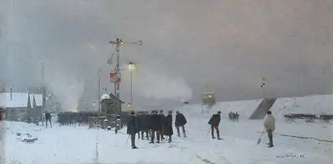 Peinture de militaires attendant le train dans la neige au crépuscule.