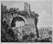 Luigi Rossini, Tivoli Condotti, vers 1826. Vue de la zone appelée aujourd'hui Ponte dell'Arci : au premier plan, une arche de l'Anio Novus dont l'ouverture a été obstruée par un arc plus petit qui n'existe plus aujourd'hui. Derrière cet arc, on aperçoit un troisième arc, en arrière-plan, qui appartient à l'Aqua Marcia.