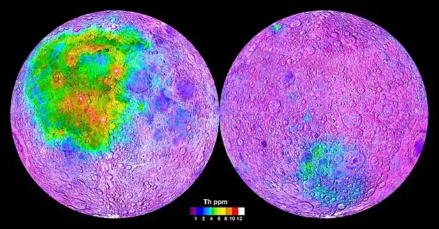 Carte des concentrations de thorium réalisée à l'aide du spectromètre gamma de Lunar Prospector.