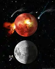 Image présentant en haut une lune rouge et jaune, en bas la lune gris blanchâtre.