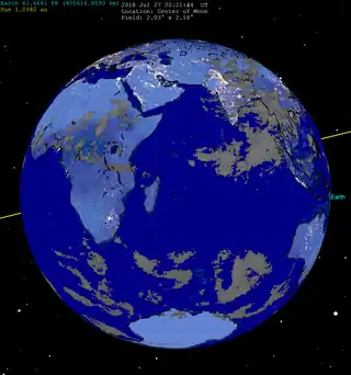 La Terre vue de la Lune lors du maximum de l'éclipse.