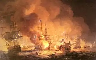 L’Orient en flammes. Malgré les efforts de l'équipage, l'incendie ne peut être maîtrisé et l'ordre d'évacuation doit être donné. Tableau anglais de Thomas Luny, 1834.