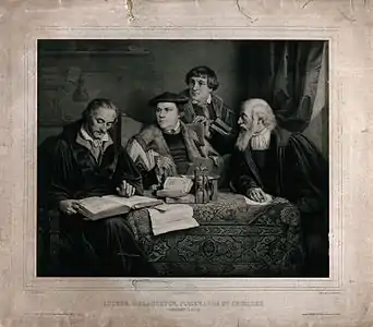Martin Luther, Philippe Mélanchthon, Pomeranus et Cruciger traduisant la Bible (vers 1860), lithographie d'Alphonse-Léon Noël d'après Labouchère, Londres, bibliothèque de la fondation Wellcome.