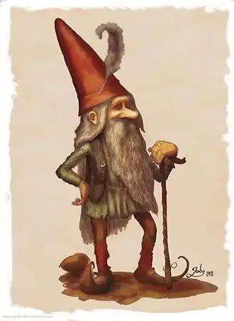 Représentation d'un lutin à barbe banche et chapeau pointu rouge, s'appuyant sur une canne, représenté par Godo