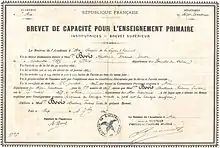 Diplôme du Brevet supérieur obtenu en 1897 à la fin de la 5e année de lycée de jeunes filles.