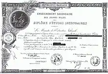 Diplôme d'études secondaires sanctionnant à l'origine la 5e année des lycées de jeunes filles.