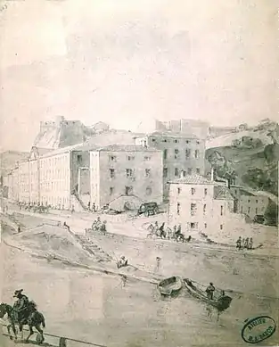 La caserne de Serin et le fort St-Jean,Balthazar Jean Baron, 1840-1850Arbres abattus, portique et mur démoli laissent voir le perron de l'hôtel de la Butte contigu au grenier d’abondance.