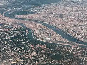 Vue aérienne de la Presqu'île de Lyon, depuis le sud.