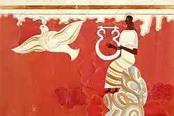 Joueur de lyre et oiseau. Fresque du palais de Nestor (période LHIIIB, vers 1300 av. J.-C.)