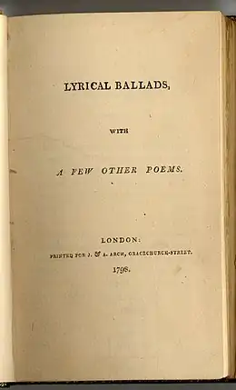 Page titre jaunie : LYRICAL BALLADS, WITH A FEW OTHER POEMS. LONDON: PRINTED FOR J. & A. ARCH, GRACECHURCH-STREET. 1798
