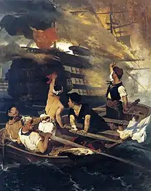 tableau ancien : des hommes dans une barque rament pour s'éloigner d'un grand navire en feu