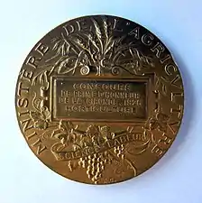République française. Ministère de l'agriculture. Science, labeur. Concours de prime d'honneur de la Gironde (1926), médaille en argent vermeil, verso.
